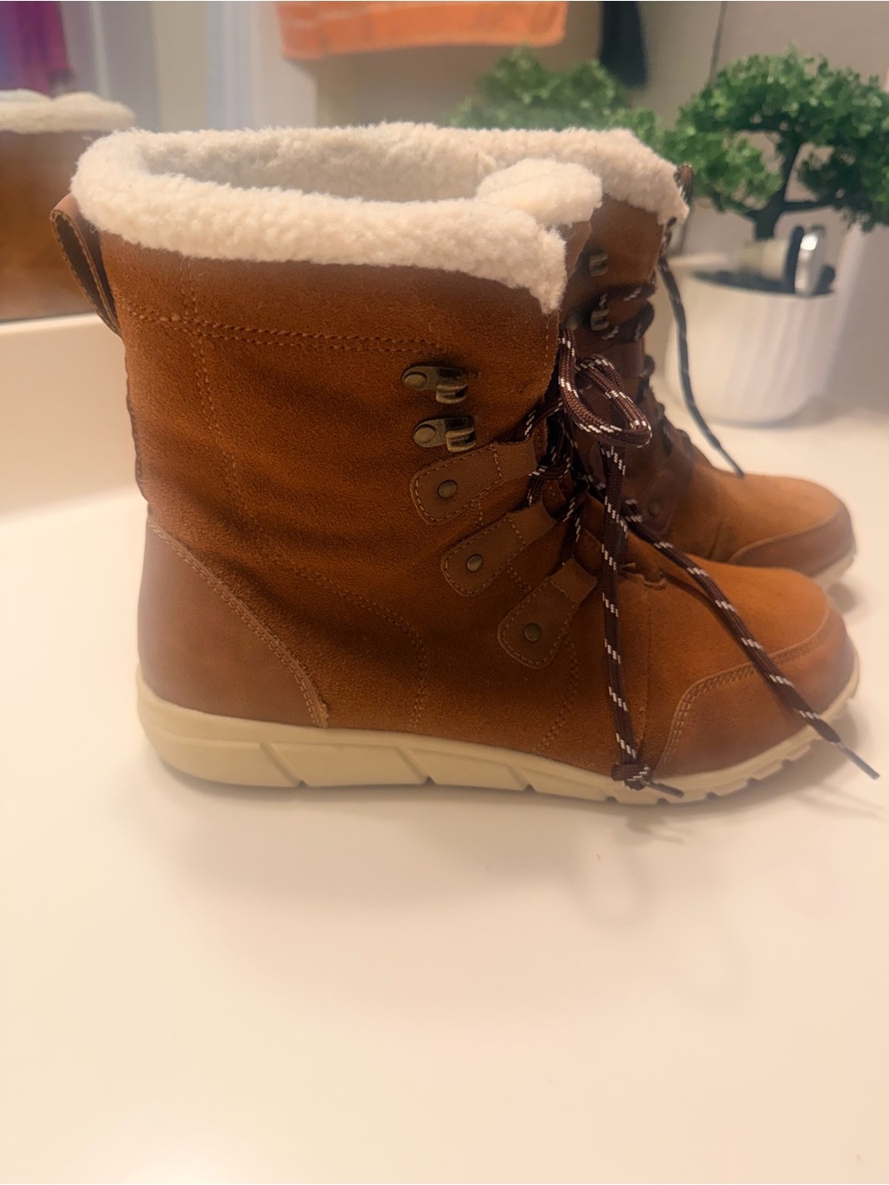 Magellan Outdoors Tan Faux-Sherpa Lined Lace-Up Boots